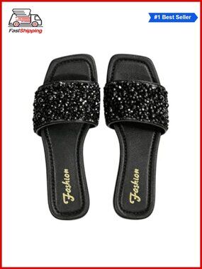 Rhinestone Sparkly Flat Sandals Dressy Glitter Slide Fancy